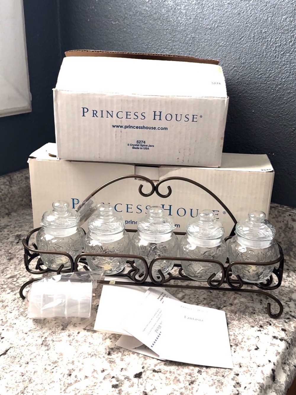 Princess House Clear Glass Spice Jars with Brown Scroll Metal Carrier